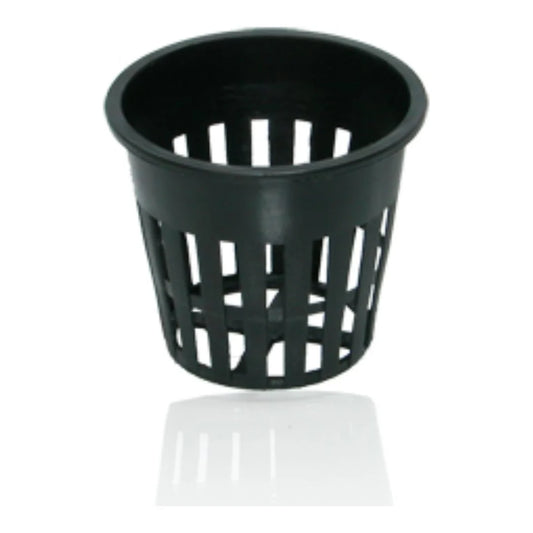 Hydrofarm 2 inch black plastic net cup with slotted mesh sides, sold in bags of 200