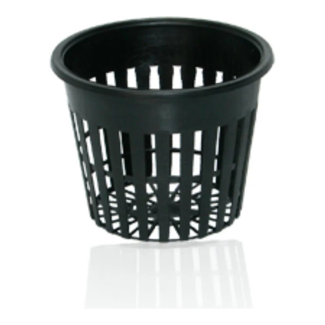 Hydrofarm 3 inch black plastic net cup with slotted mesh sides and lipped rim, bag of 100