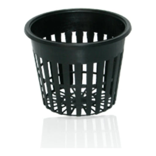Hydrofarm 3.75 inch black plastic net cup with slotted mesh sides and lipped rim, bag of 100