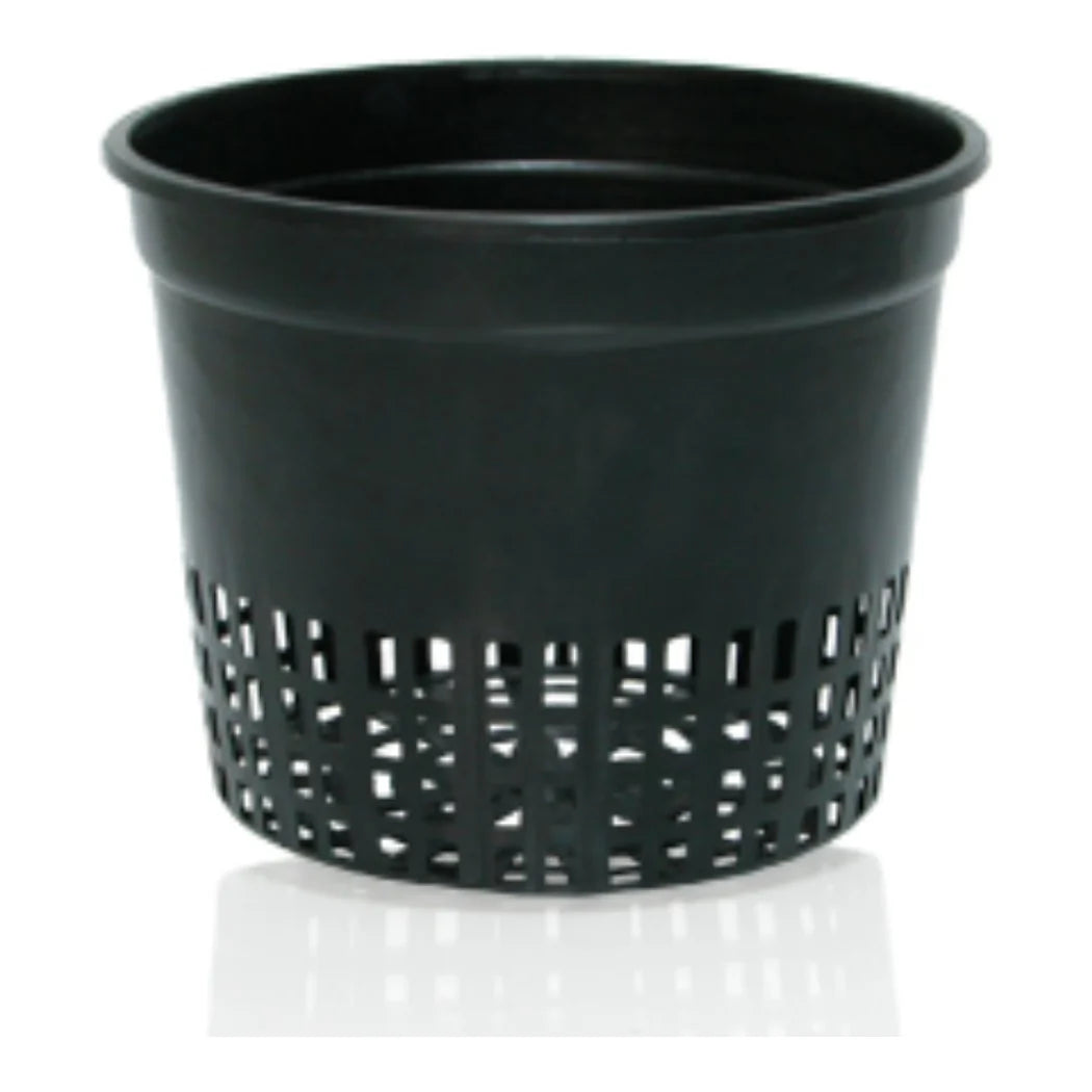 Hydrofarm 5 inch black net cup, solid upper wall with mesh drainage band, bag of 50
