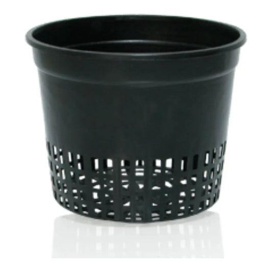 Hydrofarm 5 inch black net cup, solid upper wall with mesh drainage band, bag of 50