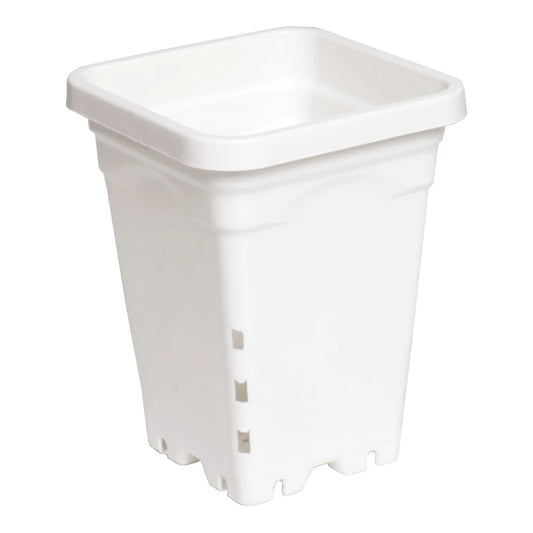 Hydrofarm 5 in x 5 in square white plastic pot, 7 in tall, tapered with slotted drainage