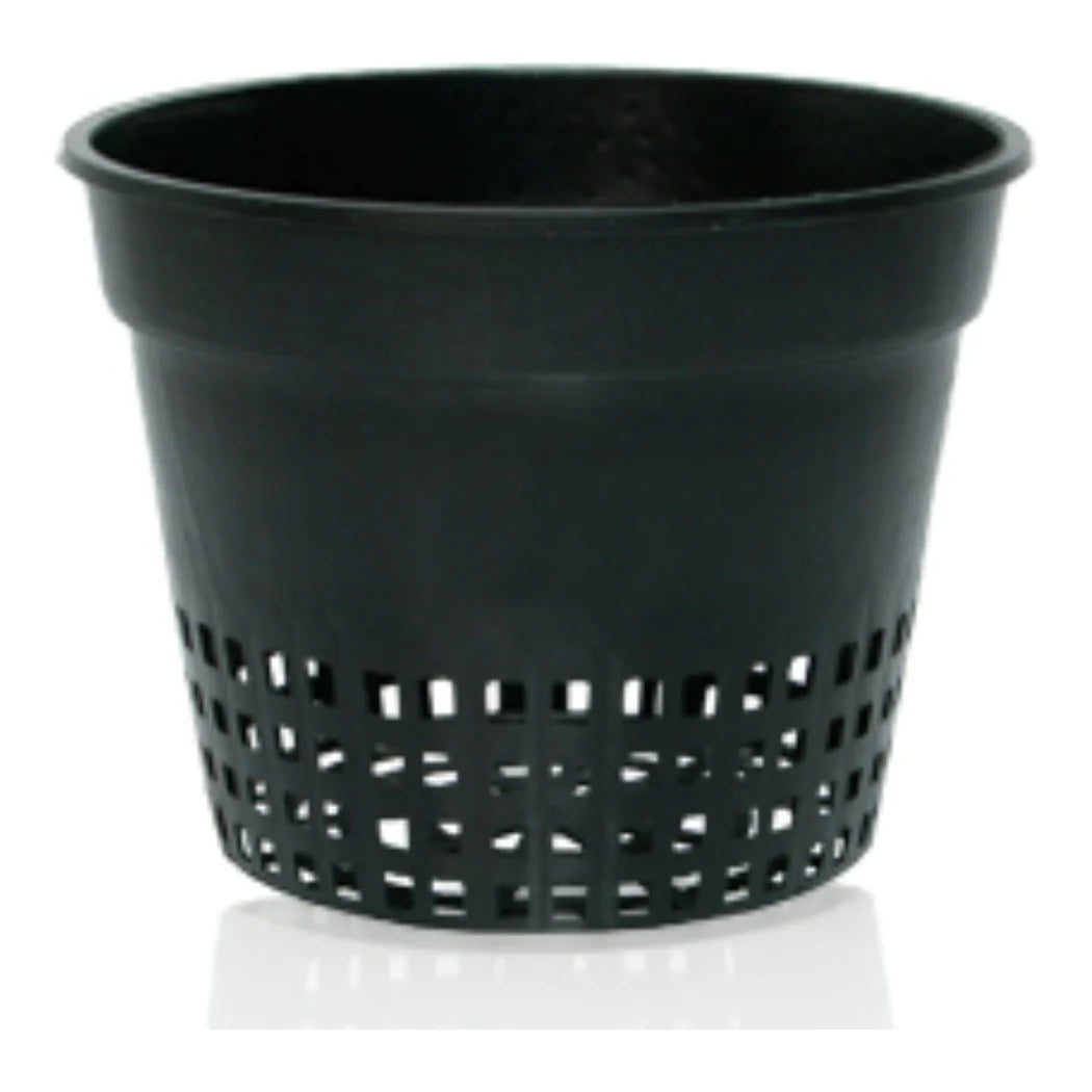 Hydrofarm 6 inch black net cup, solid upper wall with mesh drainage band, bag of 50