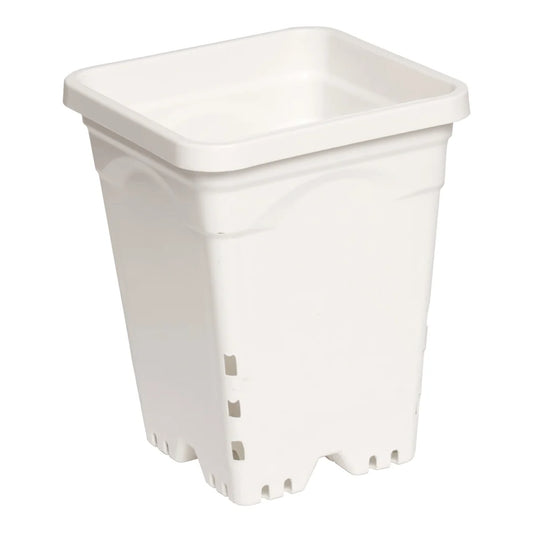Hydrofarm 6 in x 6 in square white plastic pot, 8 in tall, tapered with slotted drainage