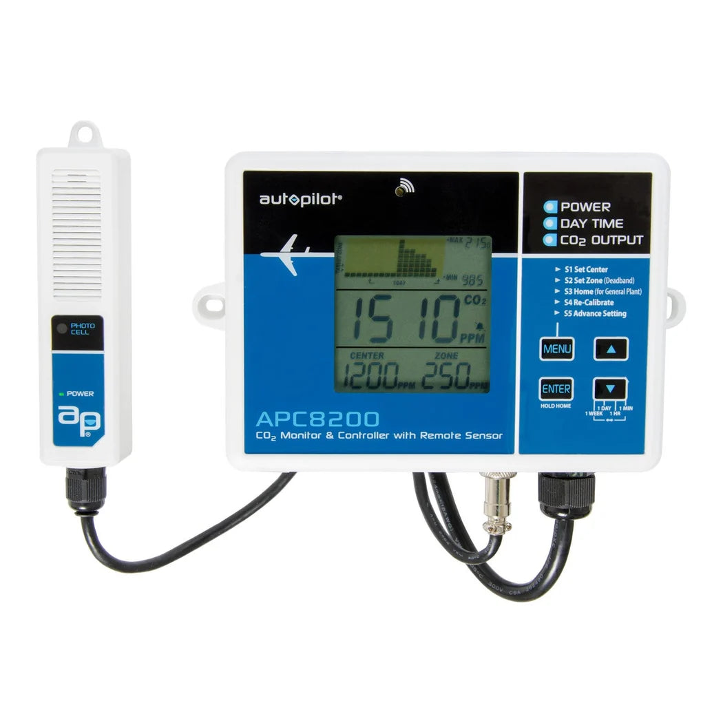 Hydrofarm Autopilot CO2 Monitor and Controller with Remote Sensor - controller and sensor, display lit