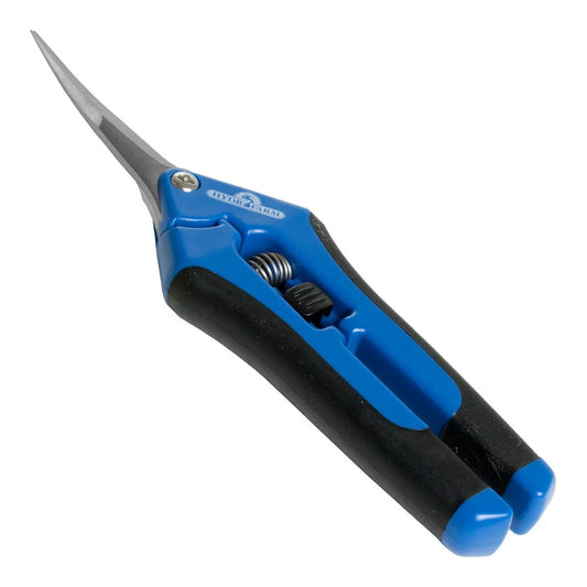 Hydrofarm precision pruner with curved stainless blade, blue handle and spring return