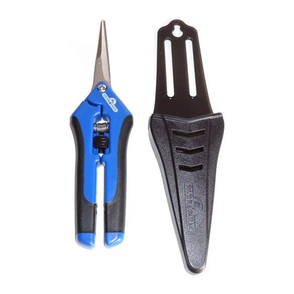 Curved blade pruner shown with its black safety holster
