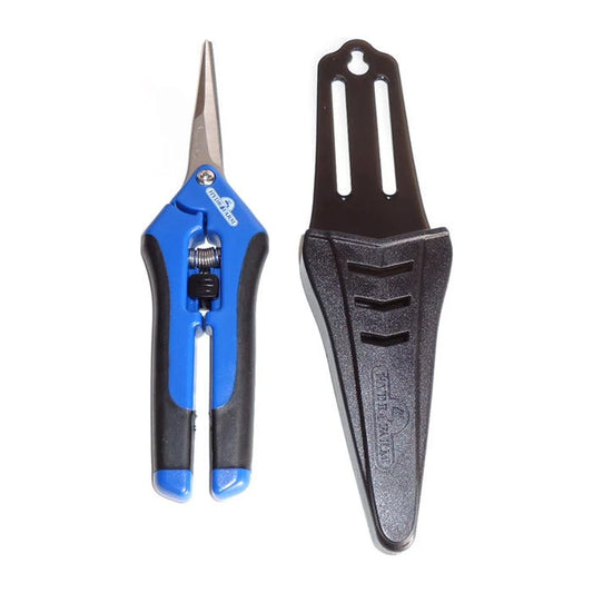 Curved blade pruner shown with its black safety holster