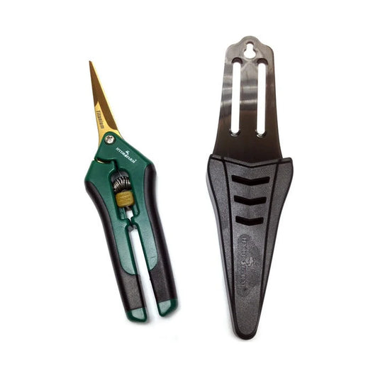 Hydrofarm titanium-blade precision pruner with green comfort grips, shown with black holster