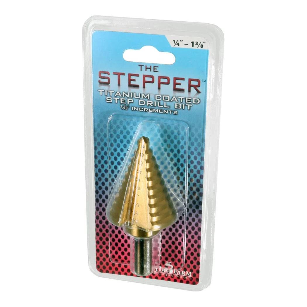 The Stepper titanium-coated step drill bit, 1/4 in to 1 3/8 in, in its blister pack