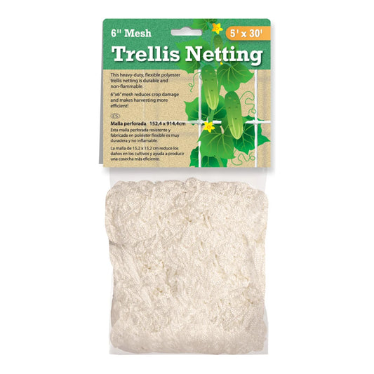 Hydrofarm 5 ft x 30 ft polyester trellis netting in its retail package, 6 in mesh