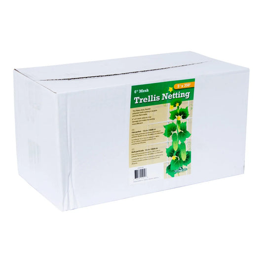 Hydrofarm 5 ft x 350 ft bulk trellis netting roll in its shipping carton, 6 in mesh