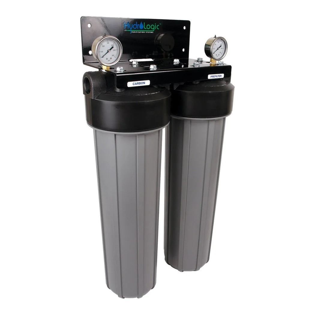 HydroLogic Big Boy De-Chlorinator and Sediment Filter - angled view showing carbon and prefilter stages
