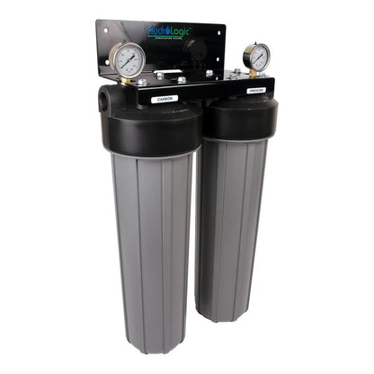 HydroLogic Big Boy De-Chlorinator and Sediment Filter - angled view showing carbon and prefilter stages