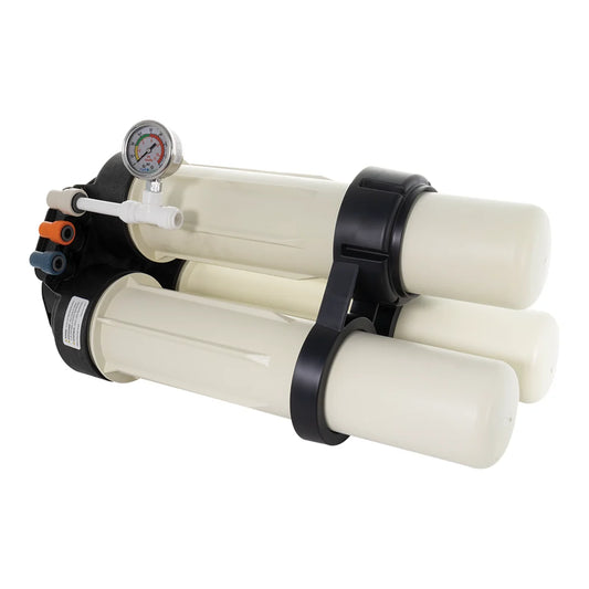 HydroLogic Evolution RO 1200 rear view showing membrane housings and fittings