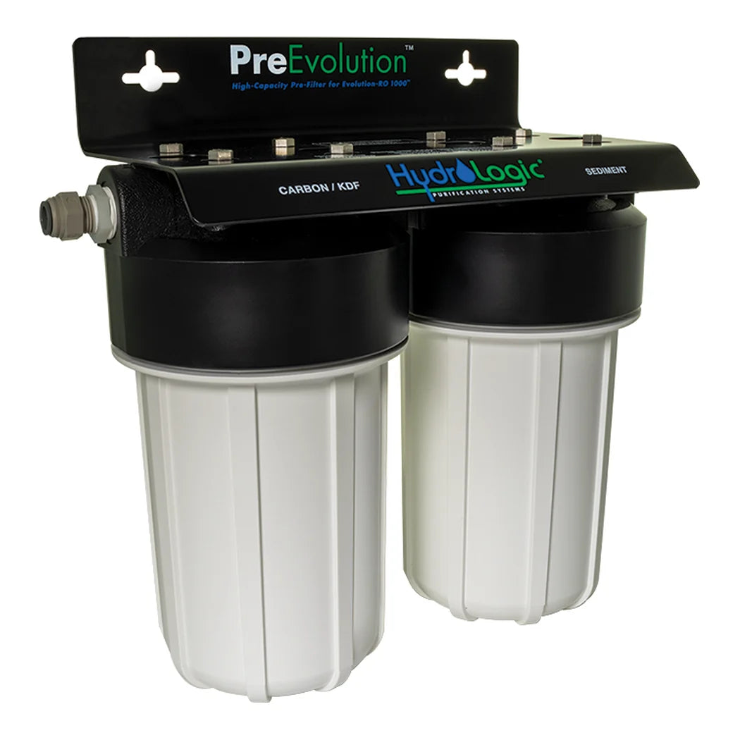 HydroLogic PreEvolution pre-filter - angled view showing wall-mount bracket