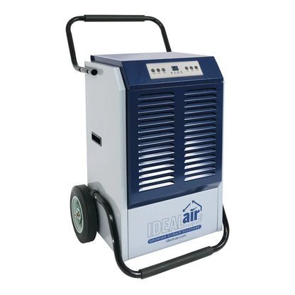 Ideal-Air Pro Series dehumidifier, white and blue cabinet on wheels with roll bar handle