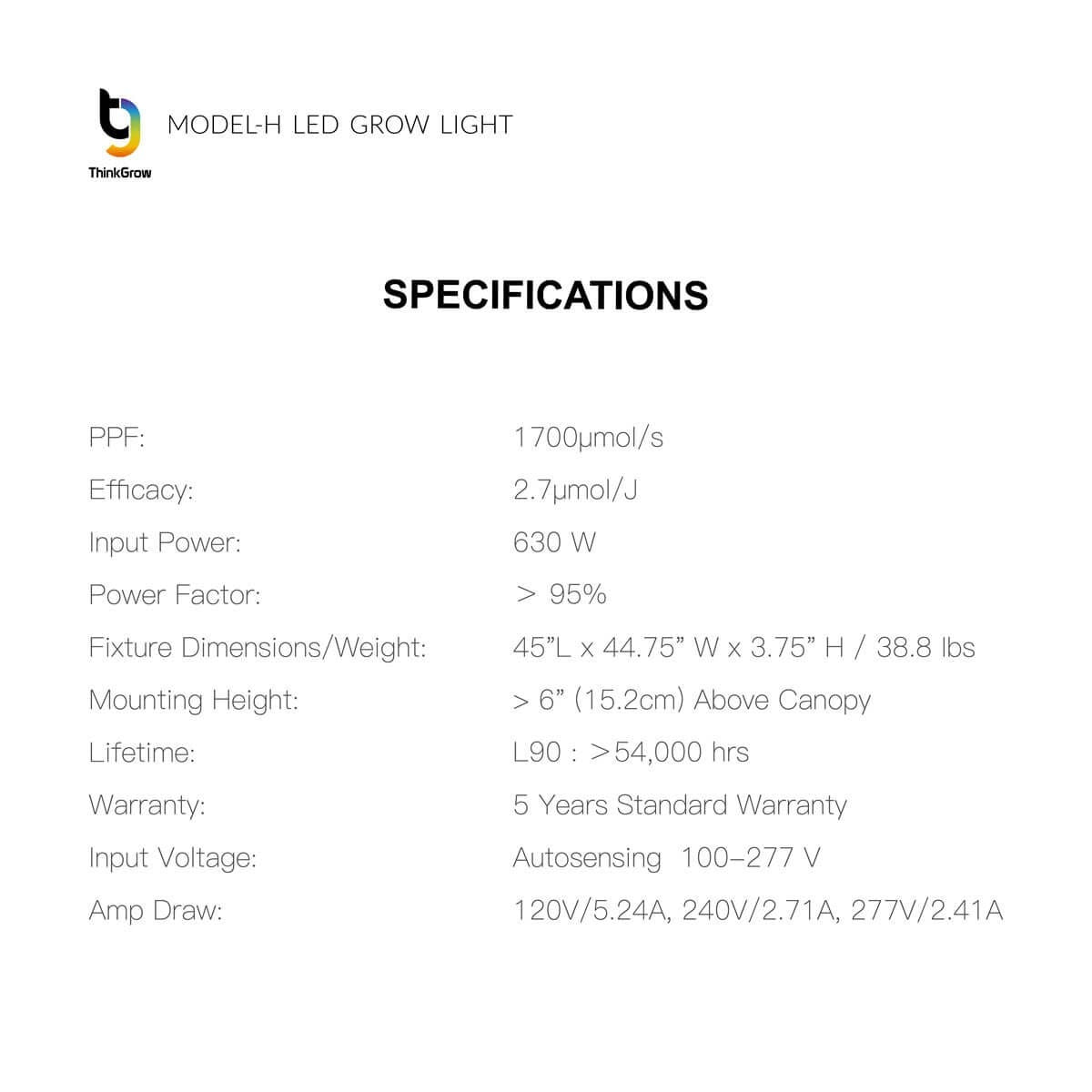 Model-H 630W Specifications