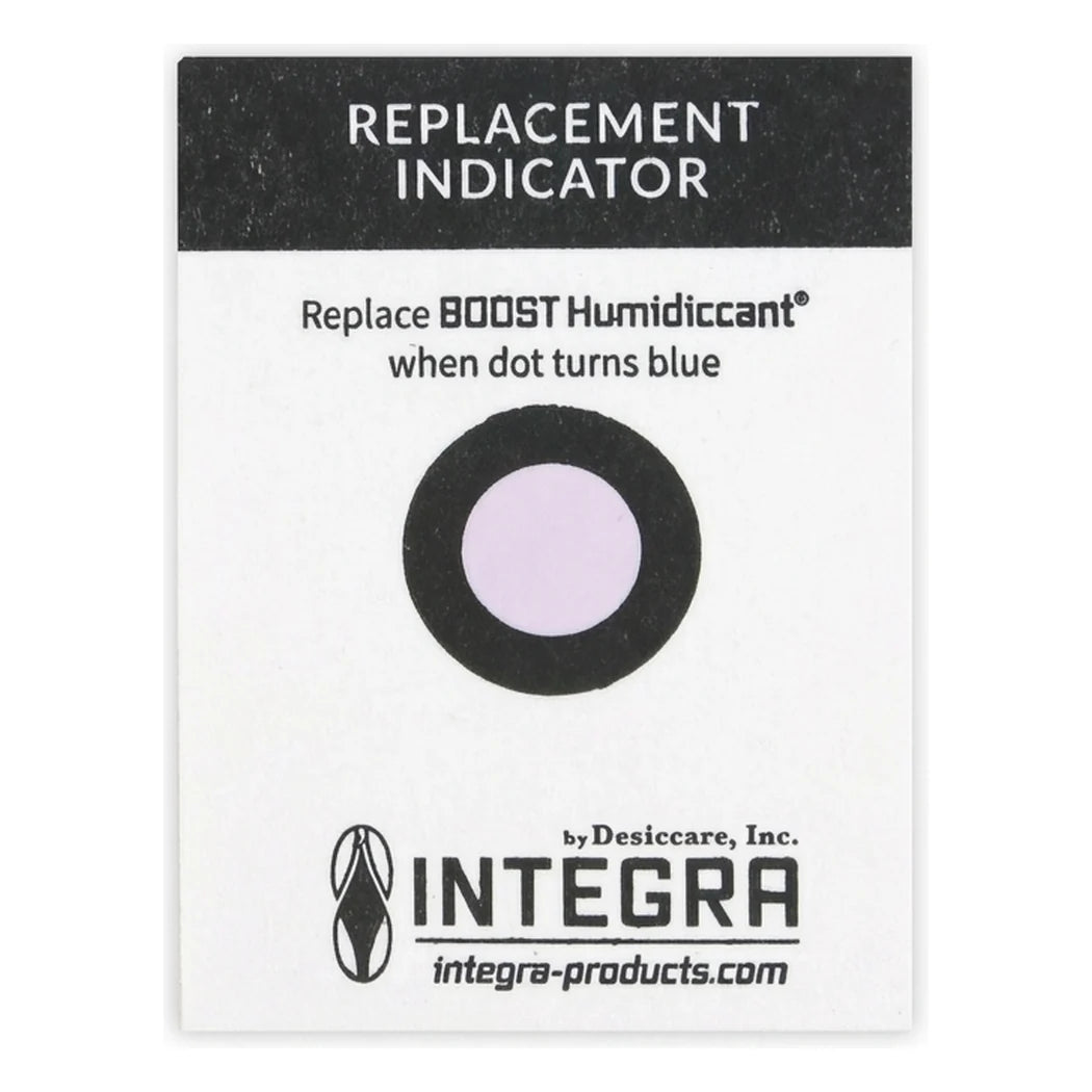 Integra Boost replacement indicator card: dot turns blue when the 55% humidiccant pack needs replacing