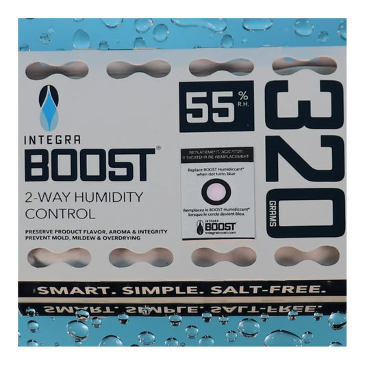 Integra Boost 320g 55% RH pack detail showing the replacement indicator card