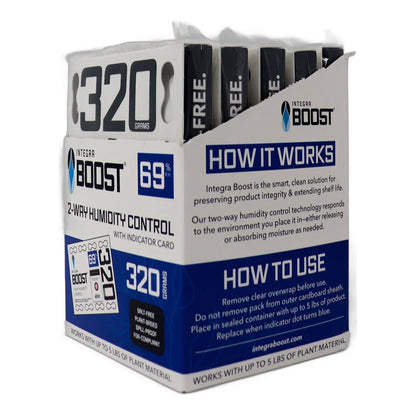 Integra Boost 320g 69% RH POP display holding individually overwrapped packs, with how it works and how to use panels