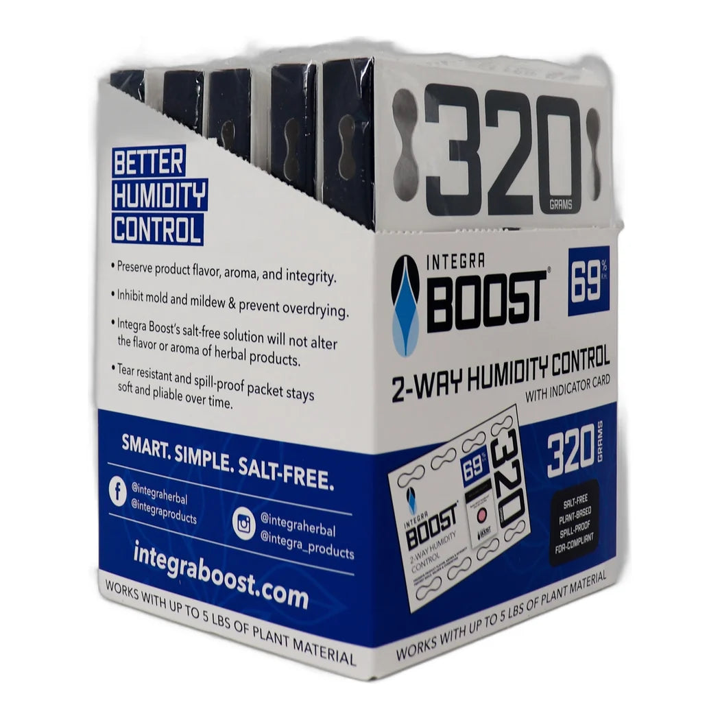 Side panel of the Integra Boost 320g 69% RH display: salt free, plant based, spill proof humidity control for up to 5 lbs