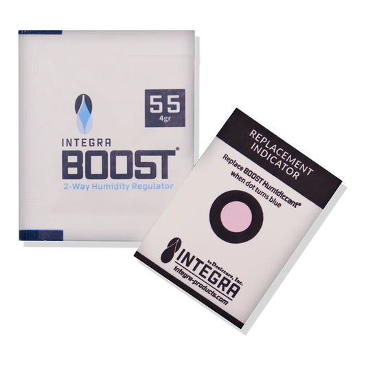 Integra Boost 4g 55% RH humidity control pack shown with replacement indicator card