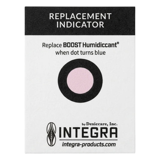Integra Boost replacement indicator card: dot turns blue when the 62% humidiccant pack needs replacing