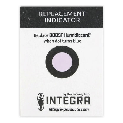 Integra Boost replacement indicator card: dot turns blue when the 55% humidiccant pack needs replacing
