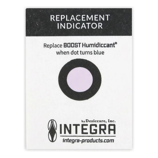 Integra Boost replacement indicator card: dot turns blue when the 55% humidiccant pack needs replacing