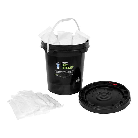 Integra Boost 5 gallon curing bucket shown with lid and 200 g desiccant packs