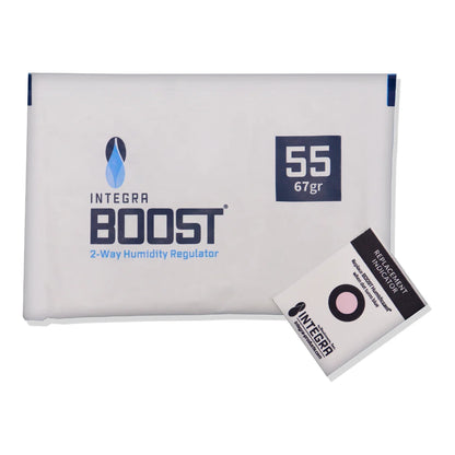 Integra Boost 67g 55% RH humidity control pack shown with replacement indicator card
