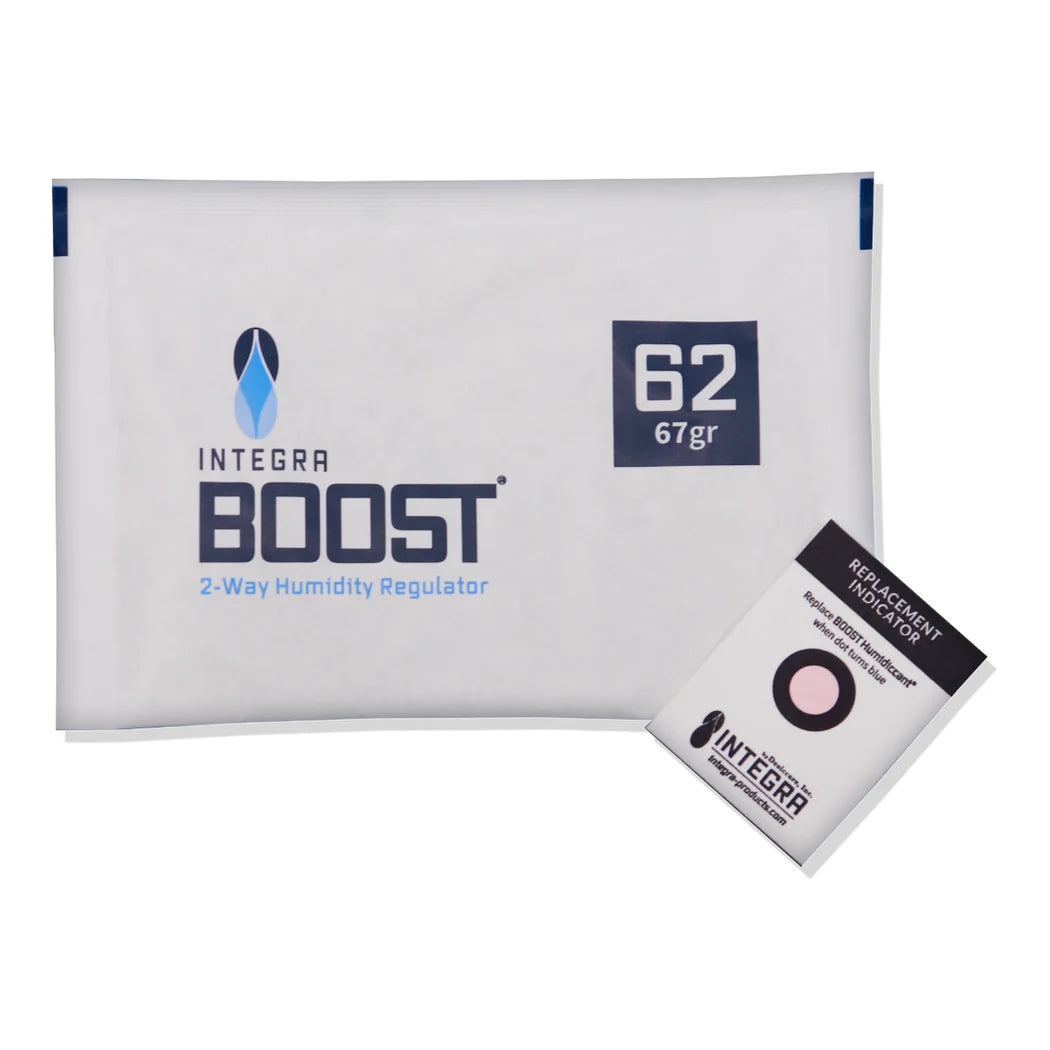 Integra Boost 67g 62% RH humidity control pack shown with replacement indicator card