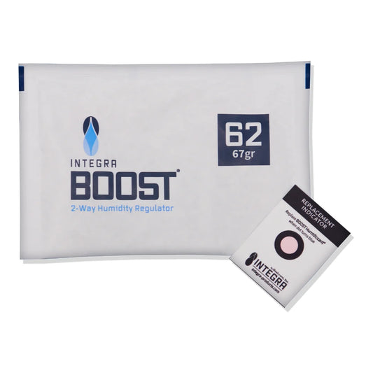 Integra Boost 67g 62% RH humidity control pack shown with replacement indicator card
