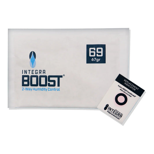 Integra Boost 67g 69% RH humidity control pack with replacement indicator card, bulk 100 count individually overwrapped