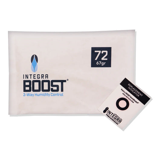 Integra Boost 67g 72% RH humidity control pack shown with indicator card (not included in this bulk case)
