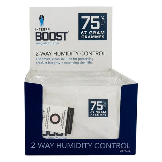 Integra Boost 67 gram 75% RH retail display box of individually overwrapped 2-way humidity control packs