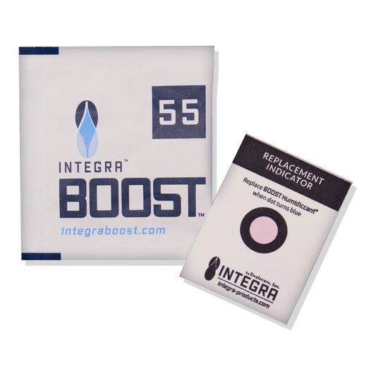 Integra Boost 8g 55% RH humidiccant sachet shown with a replacement indicator card (card not included in this bulk case)