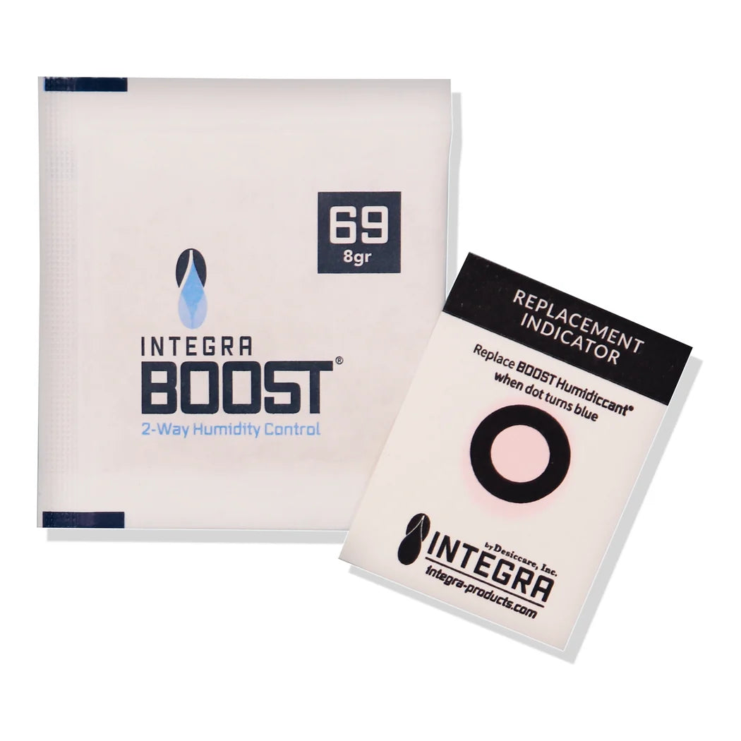 Integra Boost 8g 69% RH humidity control pack shown with indicator card (not included in this bulk case)