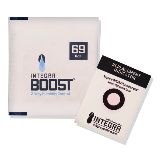 Integra Boost 8g 69% RH humidity control pack shown with indicator card (not included in this bulk case)