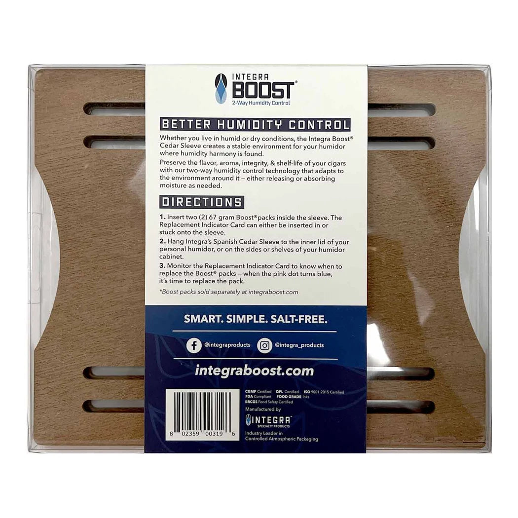 Integra Boost Cedar Sleeve back panel with directions for use