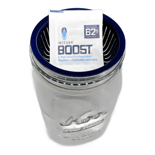 Integra Boost humidity control glass jar with blue basket insert and a 4g 62% RH 2-way humidity regulator pack
