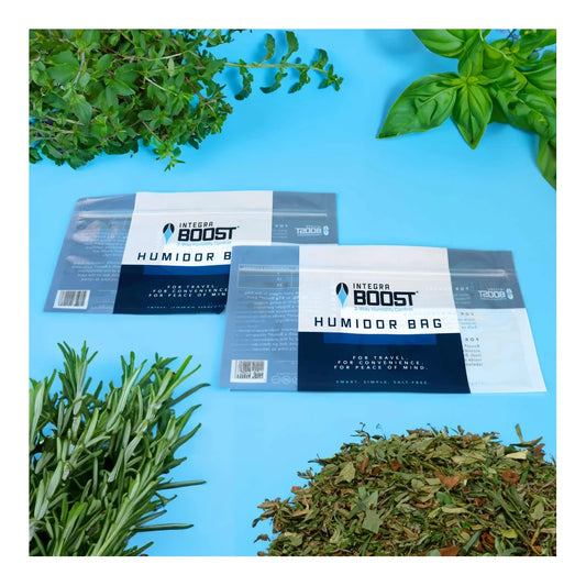 Integra Boost Humidor Bags shown with fresh herbs