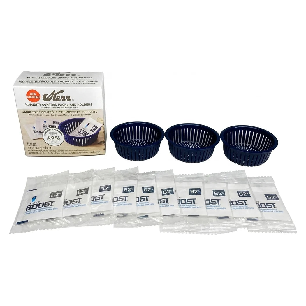 Integra Boost Kerr replacement set contents: retail box, 3 wide mouth pack holders and 10 Boost 4g 62% RH humidity packs