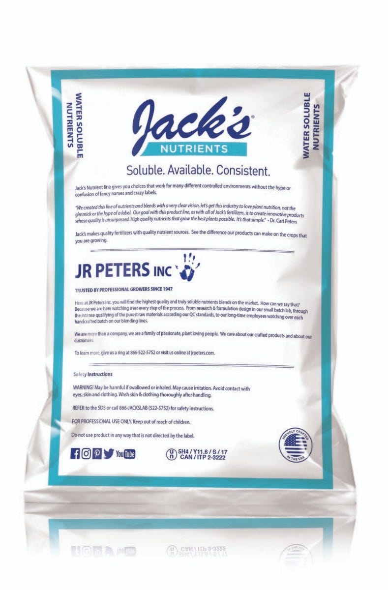 JACKS NUTRIENTS (JR Peters) 10-30-20 Bloom Feed 25LB Bag 79060 Back Label