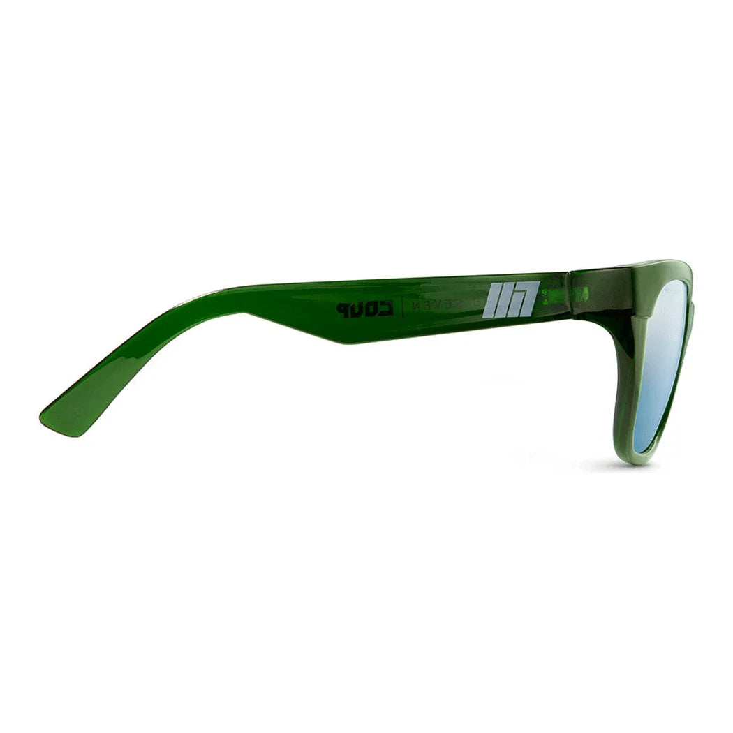 Coup HPS candy green glasses, side view showing the temple