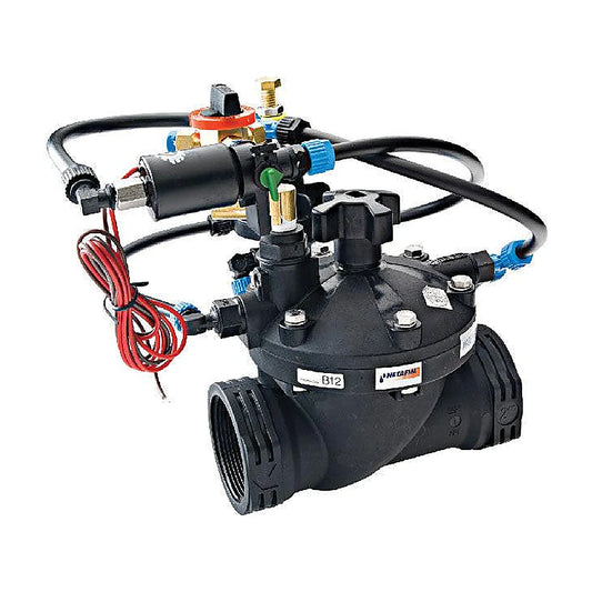 Netafim Series 80 3-way globe valve with solenoid and pressure reducing pilot on the bonnet