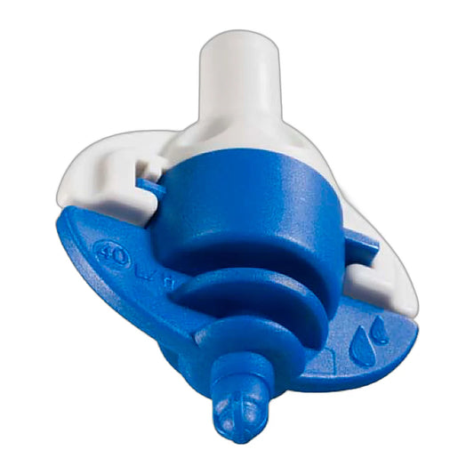 Close-up of the Netafim VibroNet blue nozzle marked 40 L/h, bridge-free vibrating head