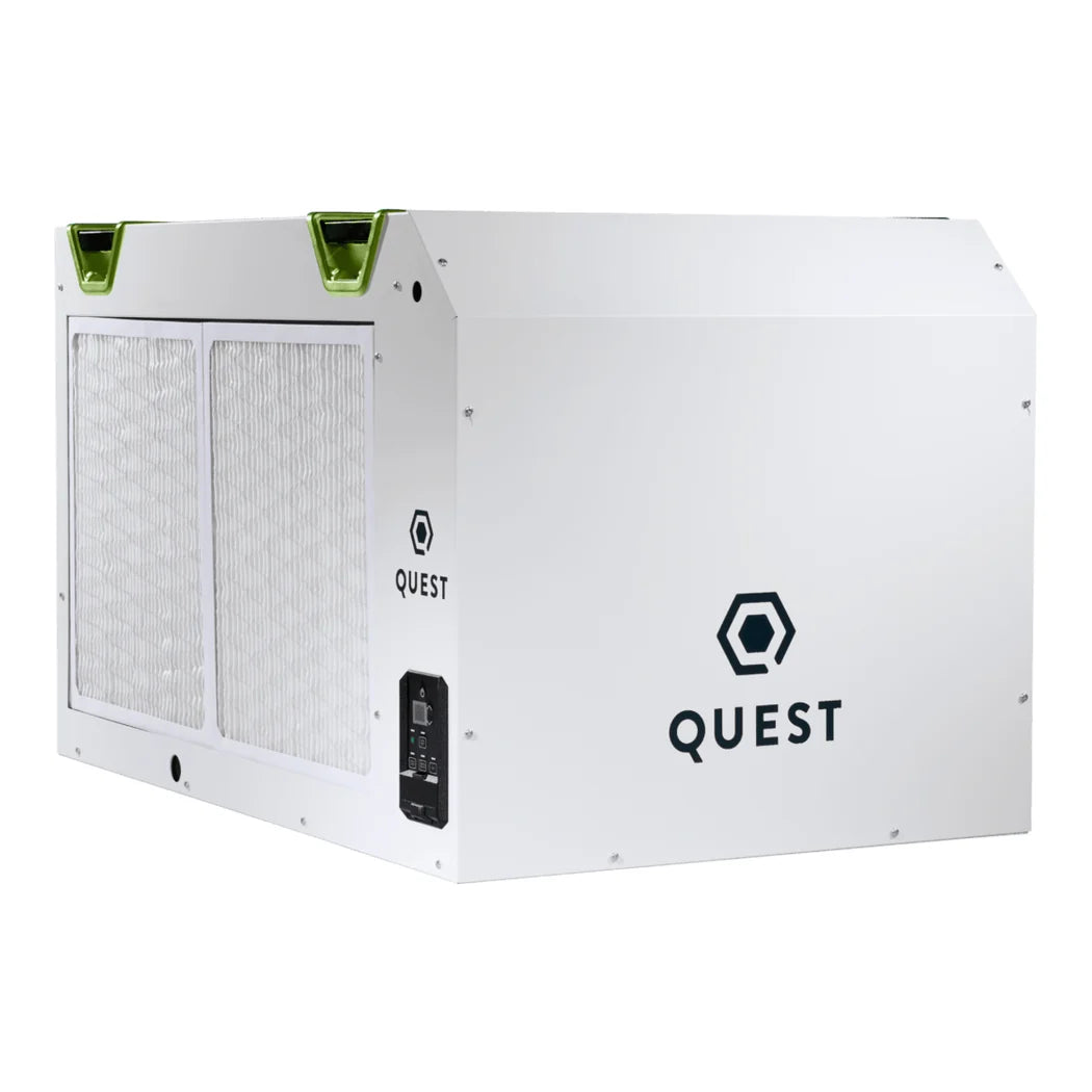Quest 205 dehumidifier showing the filter end and control panel