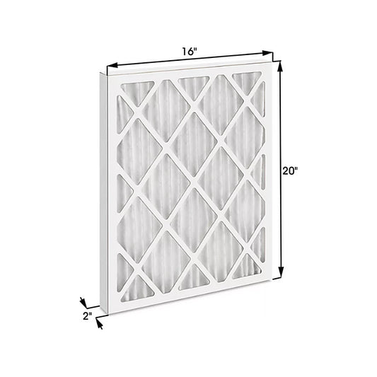 Dimension diagram of the Quest MERV 13 replacement filter showing 16 in by 20 in by 2 in nominal size